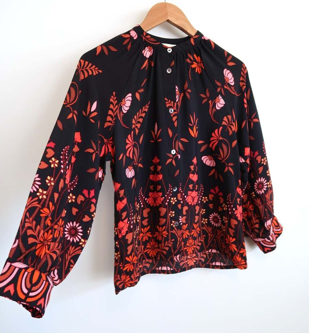 BANJANAN Leonie Floral 3/4 Sleeve Viscose Button Blouse Top Anthropologie S $245
